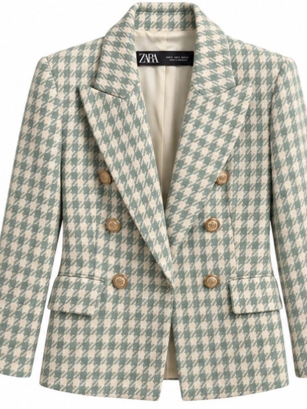 Zara Double-Breasted Houndstooth Blazer in Sage and Cream
